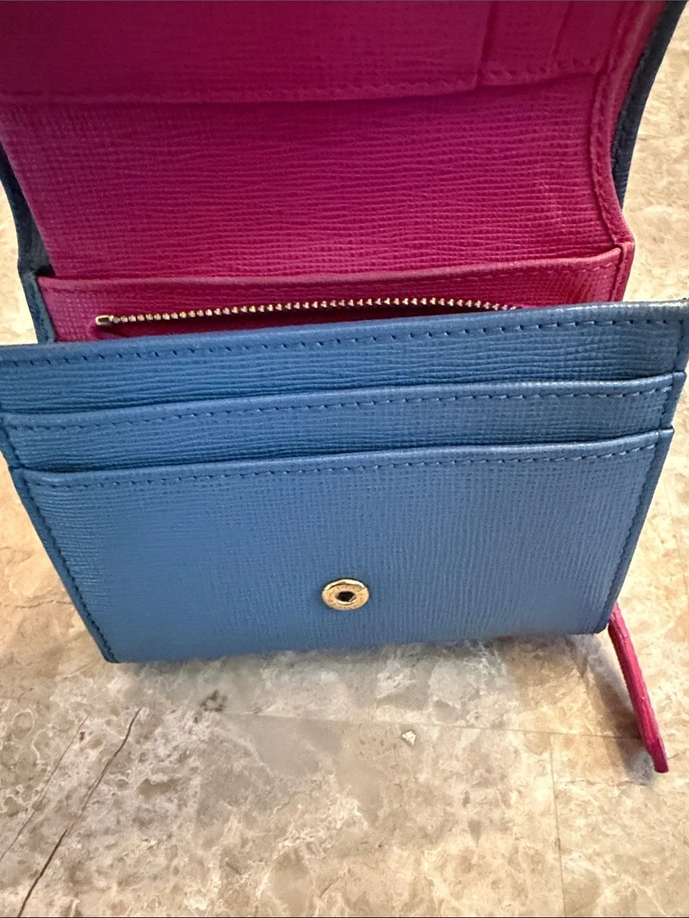 Fendi Authentic Textured Navy Leather Trifold Wallet with Gold Logo Plate - Picture 12 of 17